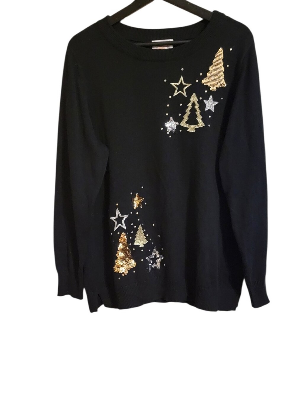 Quaker Factory Black Gold Sequin Christmas Sweater